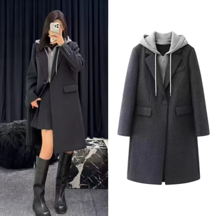 A622 冬季新款时尚休闲可拆帽襟拼接假两件中长款雪花呢大衣女