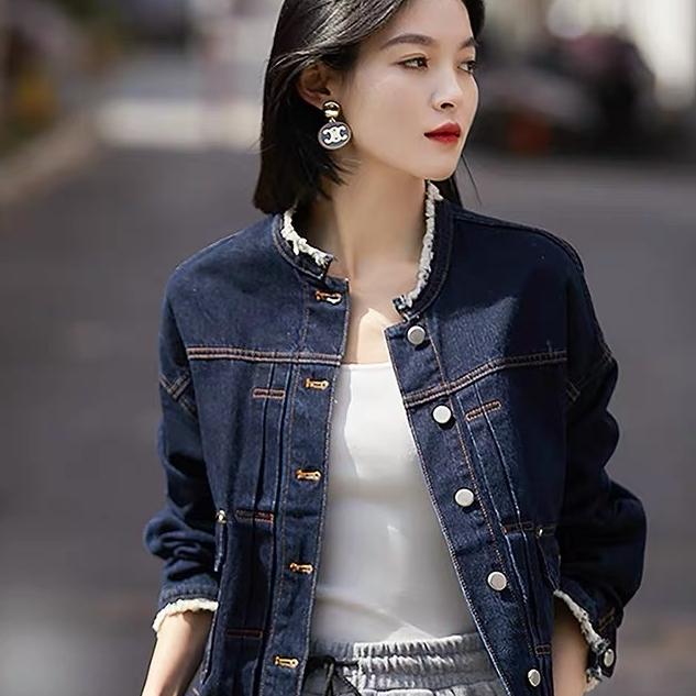D234经典复古水洗个性圆领牛仔外套秋季短款夹克深蓝色女士上衣