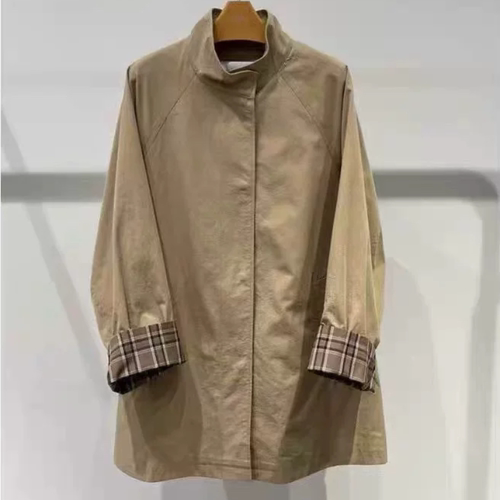 B224新款立领卡其色撞色风衣外套女宽松5G2160