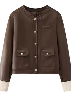 B512撞色翻边袖口圆领单排扣长袖皮衣秋季新款机车夹克棉衣女