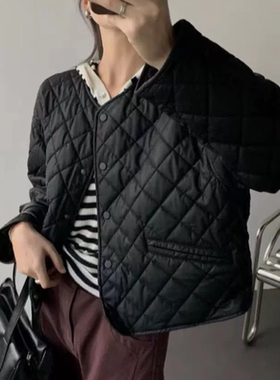 B343秋冬新款文艺复古宽松pu百搭菱格夹棉外套女落肩宽松棉衣