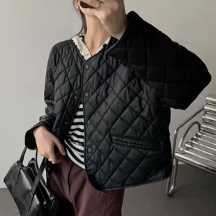 B343秋冬新款 文艺复古宽松pu百搭菱格夹棉外套女落肩宽松棉衣