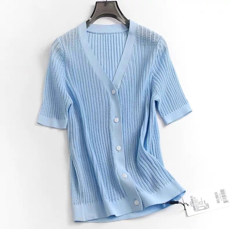 C653春夏新款时尚百搭条纹短袖V领修身针织衫女上衣