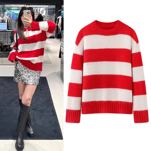 D633秦岚同款红色针织衫冬新款慵懒风撞色条纹宽松圆领长袖毛衣女