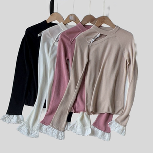 A514独特高级感荷叶边拼接露锁骨长袖 女春秋含毛内搭针织打底衫