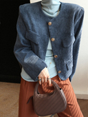 E744法式 复古蓝色灯芯绒短外套女秋新款 老钱风休闲小个子上衣