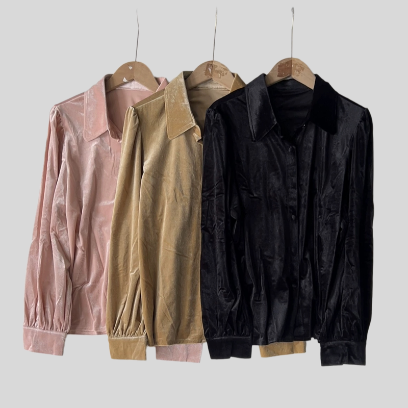 D962春季女装三色丝绒长袖气质宽松衬衫女淑女丝绒衬衫女