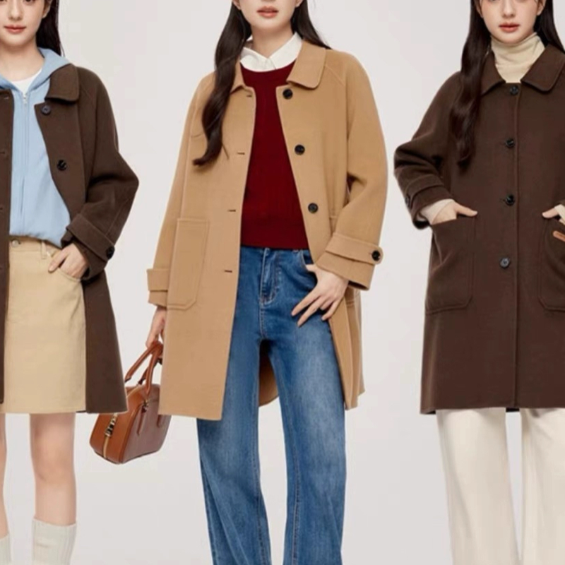 D422双面呢大衣 高端新款小翻领单排扣简约中款双面呢大衣女