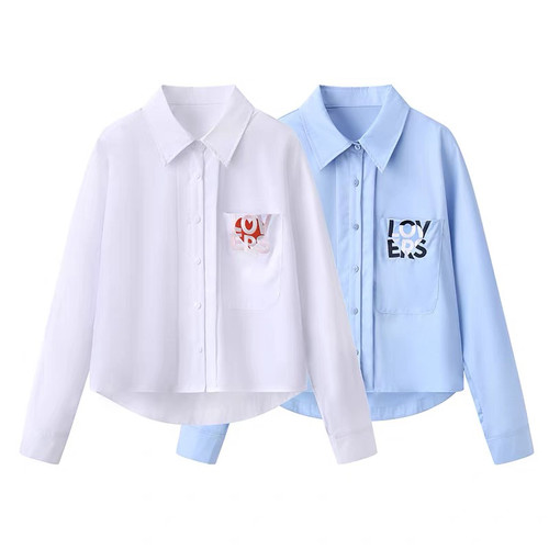 B913撞色绣花长袖衬衫女春季新款设计感小众别致通勤小衫