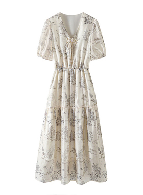 C434 夏季新款新中式收腰显瘦V领国风设计感雪纺碎花连衣裙女0.15