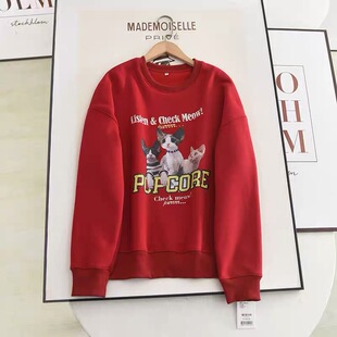 B613秋冬羊羔绒内里红色卫衣圆领宽松百搭设计感小众印花休闲上衣