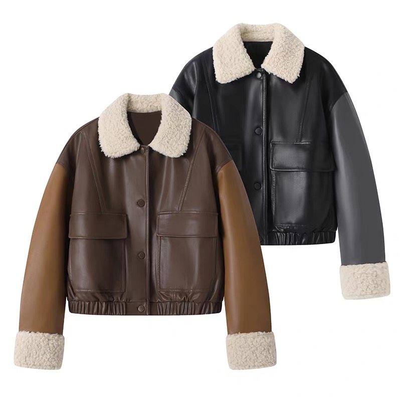 C223撞色毛绒翻领绗棉加厚保暖潮酷风冬新长袖夹克外套女皮衣