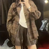 B854复古磨毛格子衬衫 女宽松设计感简约叠穿单排扣长袖 咖啡色格子