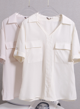 衬衫女新品女时尚纯色翻V领拼接五分袖宽松百搭雪纺 上衣 D522