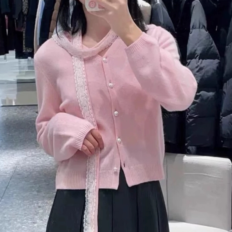 A753春蕾丝飘带减龄百搭温柔风气质V领粉色针织开衫毛衣