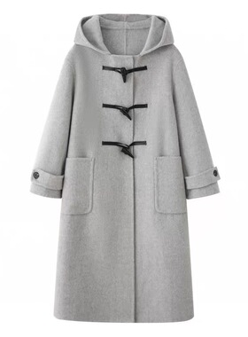 B013同款冬季新灰色直筒连帽宽松羊毛大衣外套女5FA371131