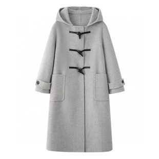 B013同款冬季新灰色直筒连帽宽松羊毛大衣外套女5FA371131