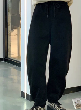 B462小个子女裤冬宽松偏厚松紧腰卫裤运动风束脚加厚加绒卫裤女