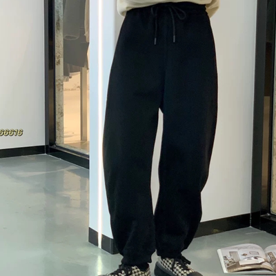 B462小个子女裤冬宽松偏厚松紧腰卫裤运动风束脚加厚加绒卫裤女