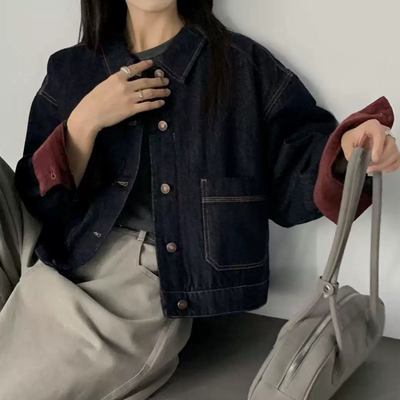 A733复古港风时尚明线双口袋短款牛仔夹棉时尚牛仔宽松棉衣外套女