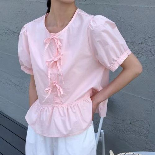 E944减龄蝴蝶结荷叶下摆短袖衬衫女宽松全棉宽松显瘦独特别致上衣