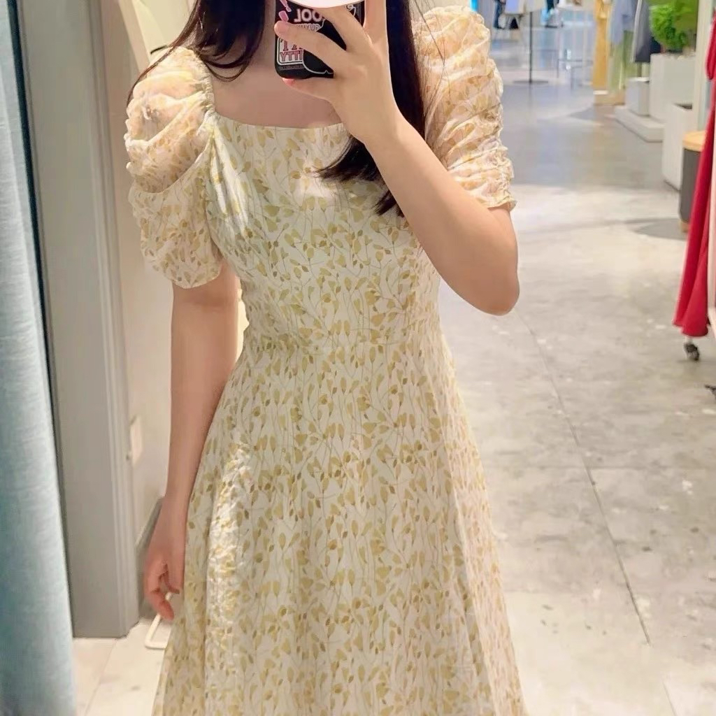 D322夏装款时尚百搭优雅方领泡泡袖收腰显瘦碎花雪纺裙