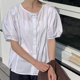 女圓領休閑百搭寬松顯瘦大新中式 琵琶盤扣襯衣女 襯衫 A854純棉短袖