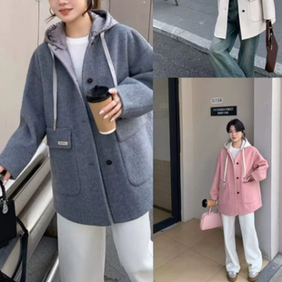 B023连帽可拆双面呢大衣女宽松短款羊毛呢外套韩系高级感