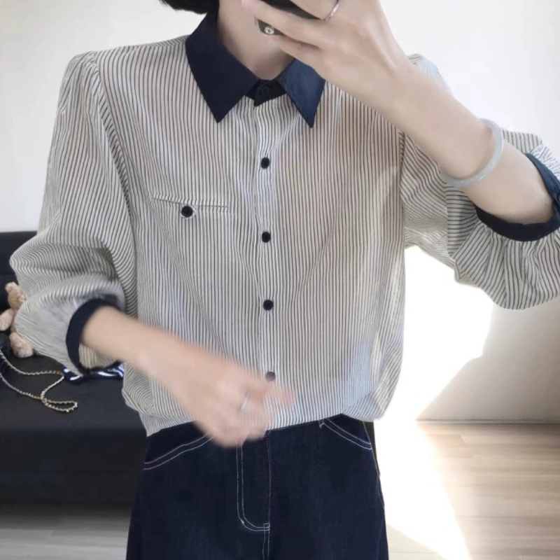A704韩系复古撞色POLO领七分袖竖条纹衬衫女2早秋新款正肩显瘦