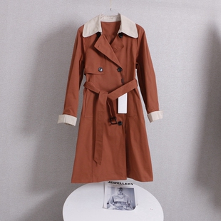 显瘦中长款 领双排扣系带修身 风衣外套 撞色西装 D434时尚