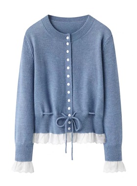 C114秋冬新款气质蕾丝拼接系带收腰蓝色针织开衫花边毛衣