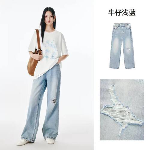 A614 美式破洞水洗阔腿牛仔裤女夏季欧货宽松高腰直筒裤子