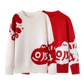 C604春款 宽松复古氛围感锦鲤提花新年红毛衣圆领套头针织衫 女