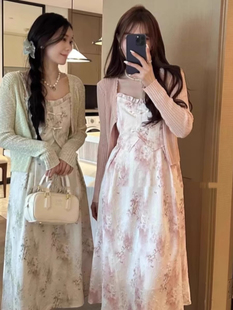 A914夏季连衣裙时尚套装气质温柔风淑女长袖开衫碎花吊带裙两件套