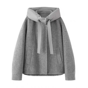 A253冬设计拼接双面呢大衣连帽可脱卸(羽***绒帽)双面呢大衣