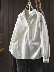 宽松套头显瘦早秋新款 B704半开门襟纯棉竖条纹衬衫 女长袖
