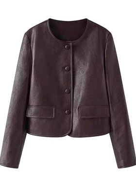 B204新款复古百搭红色圆领皮衣短外套1G1110541