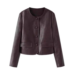 B204新款 复古百搭红色圆领皮衣短外套1G1110541