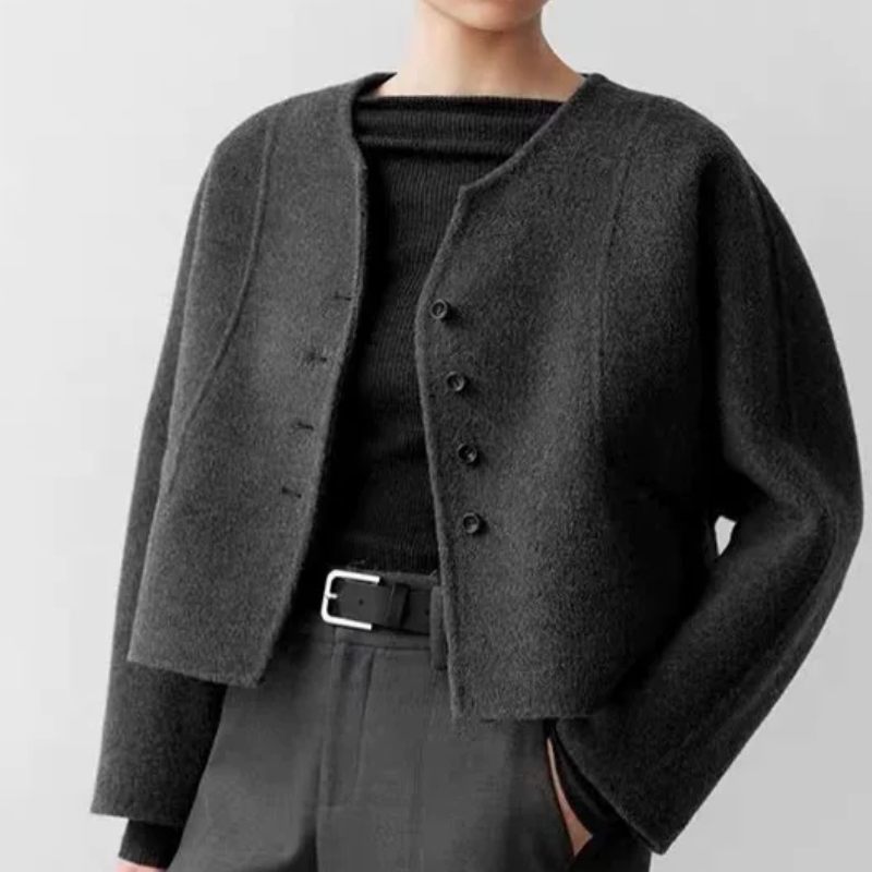 C204秋冬季新品款V领圆领单排扣宽松短款双面你外套上衣女