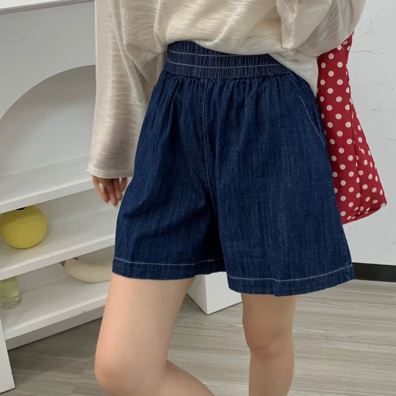 B302松紧腰显瘦阔脚阔腿百搭直筒牛仔短裤子女图片