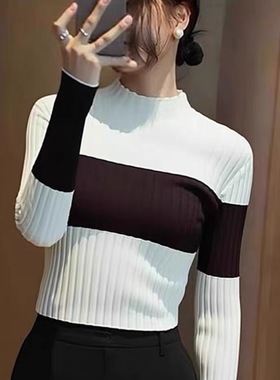 B712半高领撞色条纹针织衫女秋冬保暖内搭高级感打底衫毛衣