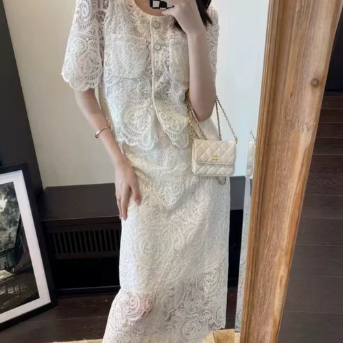 A822韩版新款夏季洋气短袖时尚蕾丝钩花上衣半身裙洋气两件套女
