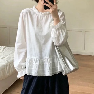 B323春秋新款韩版宽松显瘦百搭蕾丝花边娃娃领长袖衬衫女上衣6176