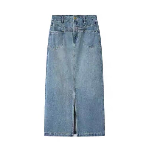 B122开叉牛仔a字半身裙女新款高腰包臀蓝色复古高腰裙子