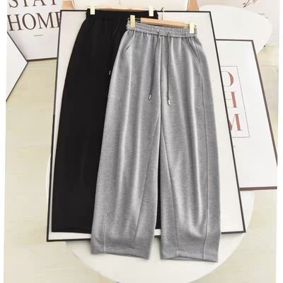 B142袖！灰色休闲裤秋季新款抽绳高腰显瘦休闲宽松百搭直筒卫裤