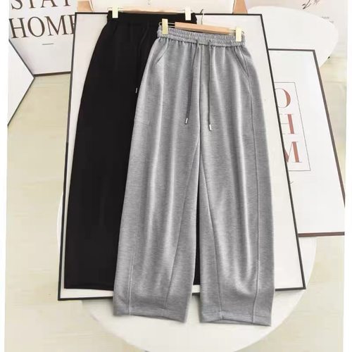 B142袖！灰色休闲裤秋季新款抽绳高腰显瘦休闲宽松百搭直筒卫裤