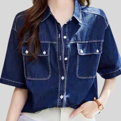A813工装牛仔蓝衬衫女短袖夏季新款柔软薄款上衣文艺复古衬衣