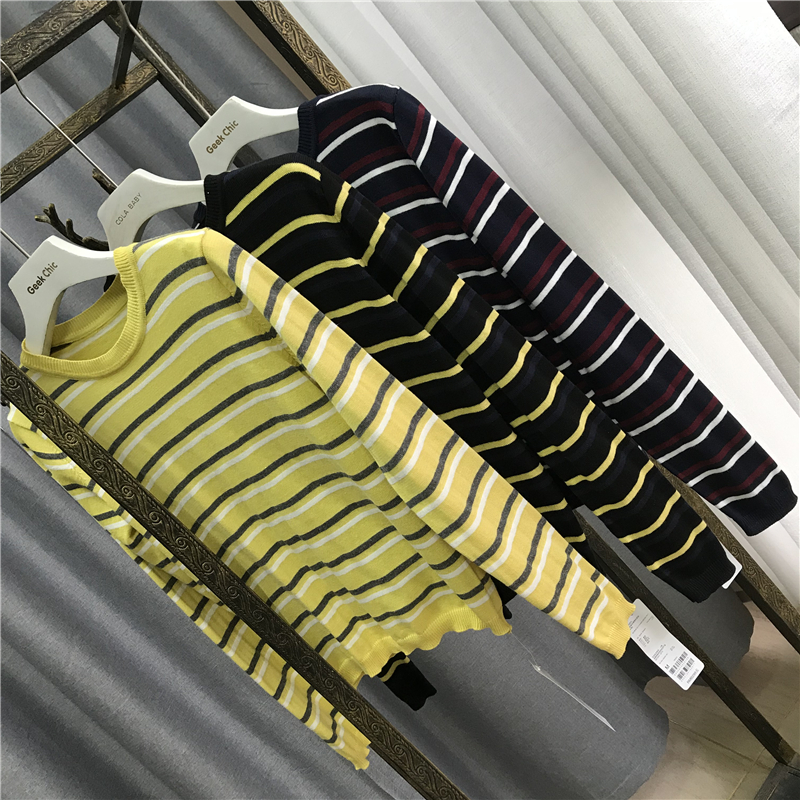 0包邮针织薄款圆领条纹撞色T恤衫