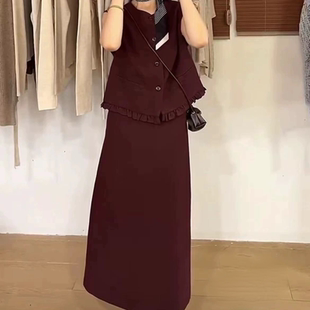 花边拼接麻料马甲加半裙长裙套装 小香风圆领无袖 E633