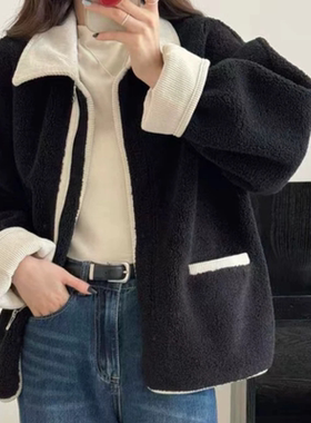 D142气质加厚高级感大码外套女秋冬季新款羊羔毛绒皮毛一体上衣